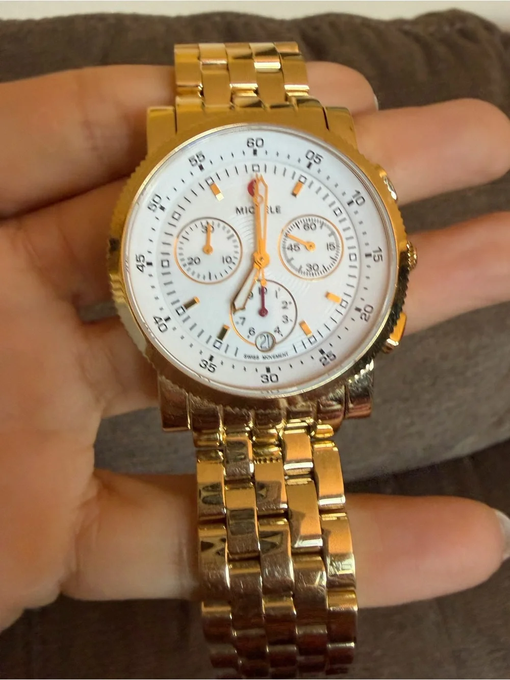 MICHELE Gold-Tone Swiss Chronograph Watch – White Dial – 37mm – 6” Bracelet